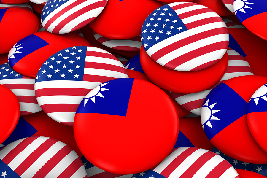 USA and Taiwan Badges Background - Pile of American and Taiwanese Flag Buttons 3D Illustration