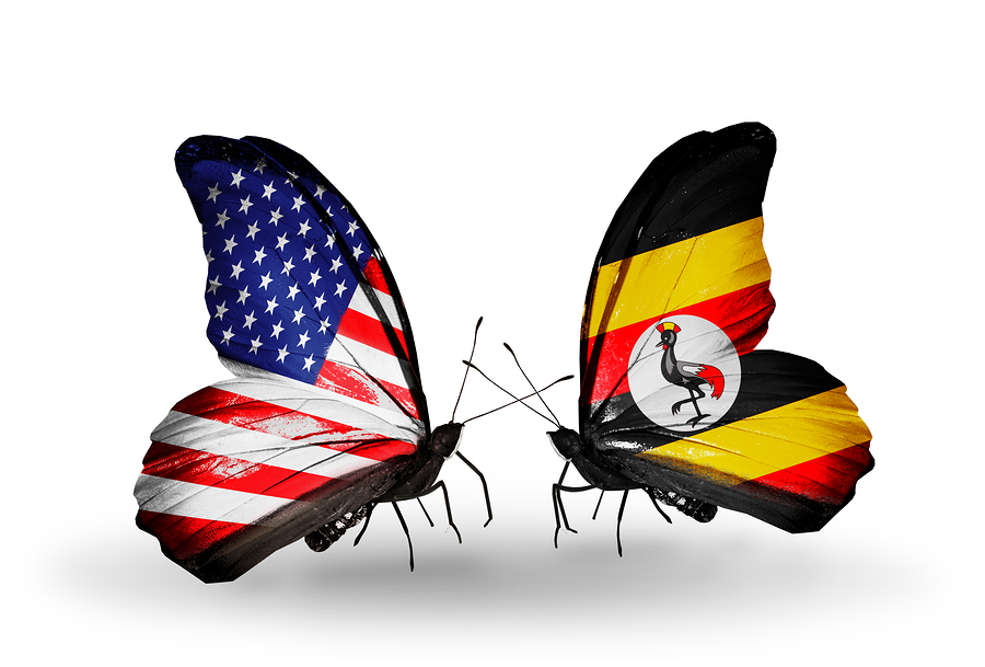 Two butterflies with flags on wings as symbol of relations USA and Uganda
