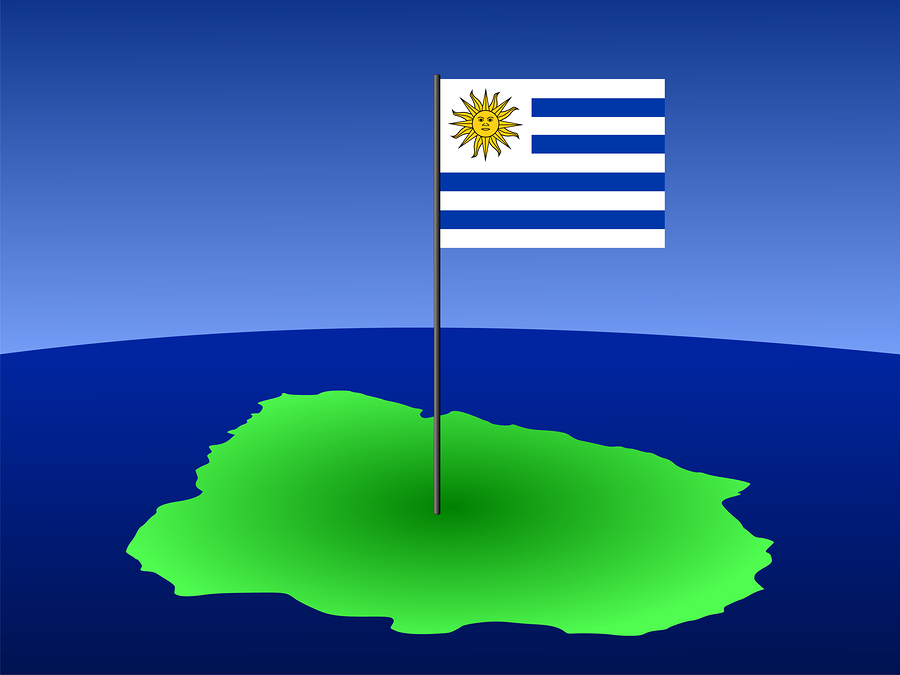 map of Uruguay and their flag on pole illustration