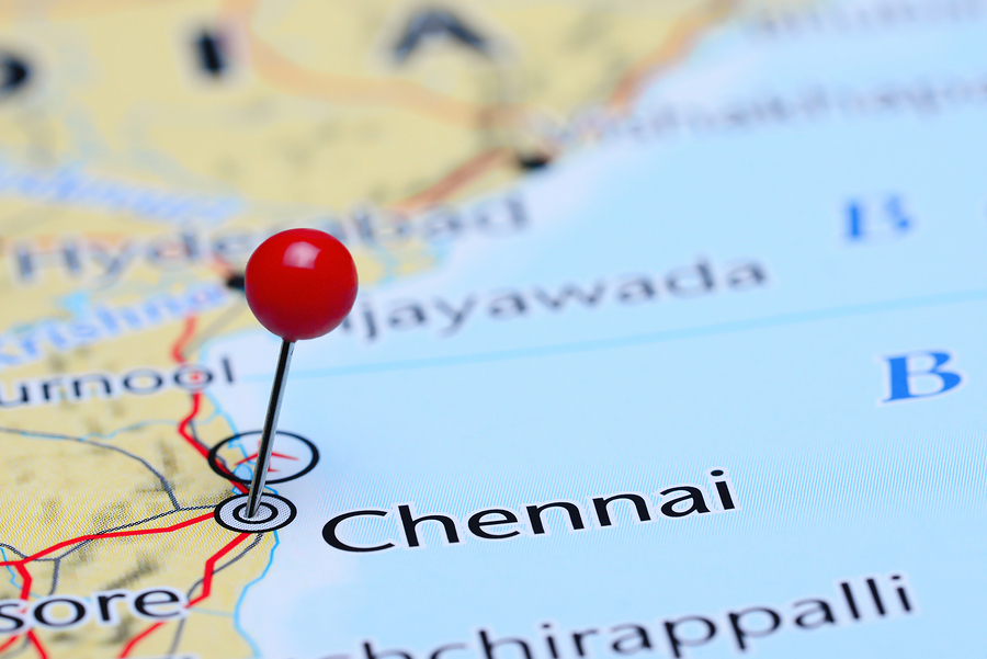 Photo of pinned Chennai on a map of Asia. May be used as illustration for traveling theme.
** Note: Shallow depth of field